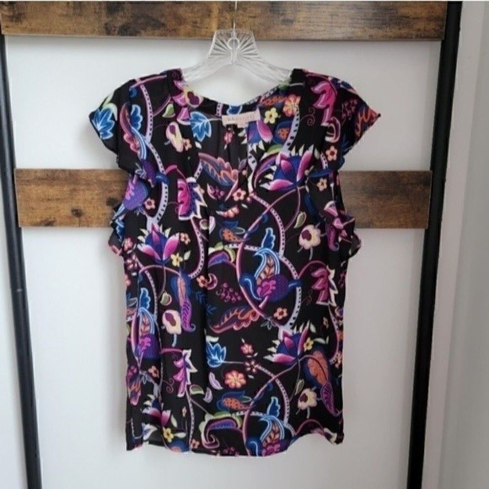Philosophy Black Floral Print V-Neck Blouse Sz XS